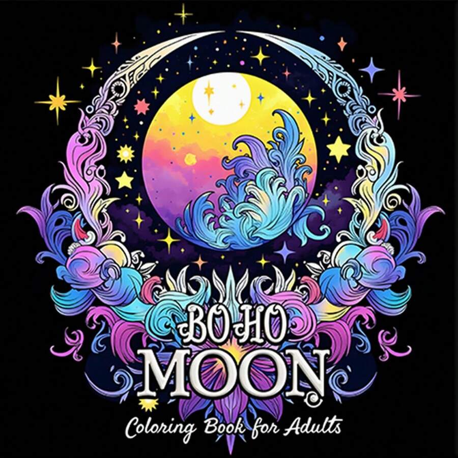 GDTME 1 BOHO MOON 极简主义大胆设计：独特的宇宙主题成人及青少年涂色书，24页厚实插图（珠光封面），尺寸7.9 x 7.9英寸，线条粗犷，易于涂色，放松身心，缓解压力，适合作为情人节、复活节、返校季、新年或生日礼物，也可用作美术用品、文具、学习材料和房间装饰。
