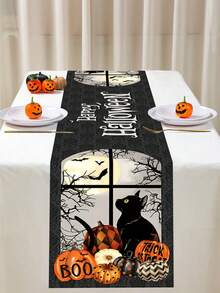 1pc 35x180cm Halloween Polyester Tablecloth, Happy Halloween Black Cat Pumpkin Window Scene, Black Cat And Bat Design Under Moonlight, Suitable For Halloween Party, Home Dining Table, High-End Holiday Decorative Fabric - Multicolor - View 2