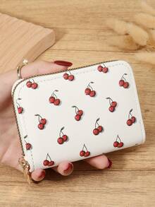 Billetera de monedas con patrón de cereza, portador de tarjetas, organizador de tarjetas múltiples para almacenar tarjetas de crédito, ligero y minimalista, de moda, moderno, de negocios, para aniversario, para Navidad, para el Día de San Valentín, para regalo de cumpleaños, para regalo, para amante, para mujeres, para niñas, para damas, para femenino, útiles escolares para la escuela, dormitorio y vuelta al colegio - Blanco - Ver 1