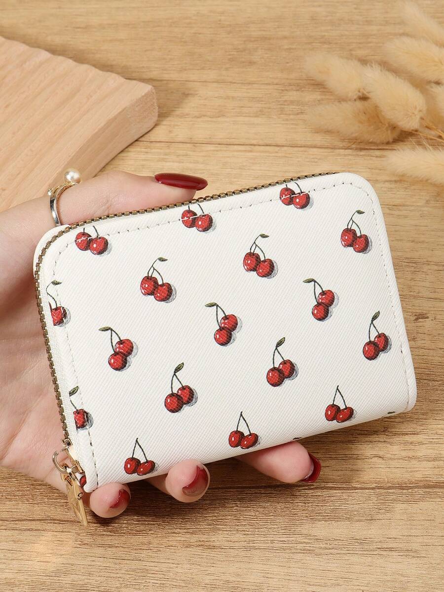 Billetera de monedas con patrón de cereza, portador de tarjetas, organizador de tarjetas múltiples para almacenar tarjetas de crédito, ligero y minimalista, de moda, moderno, de negocios, para aniversario, para Navidad, para el Día de San Valentín, para regalo de cumpleaños, para regalo, para amante, para mujeres, para niñas, para damas, para femenino, útiles escolares para la escuela, dormitorio y vuelta al colegio - Blanco - Ver 1