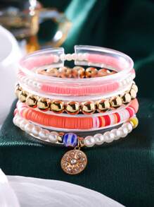 4pcs Bohemian Fashion Personalized Versatile Multi-Layer Stretch Bracelet, Creative Crystal Butterfly Pearl Beads Bracelet For Women, Birthday Party Gift - Coffee - View 5