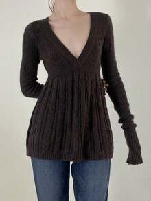 Women's Fall Sweater Long Sleeve V Neck Cable Knit Ruffle Babydoll Sweater Tops - Brown - View 3
