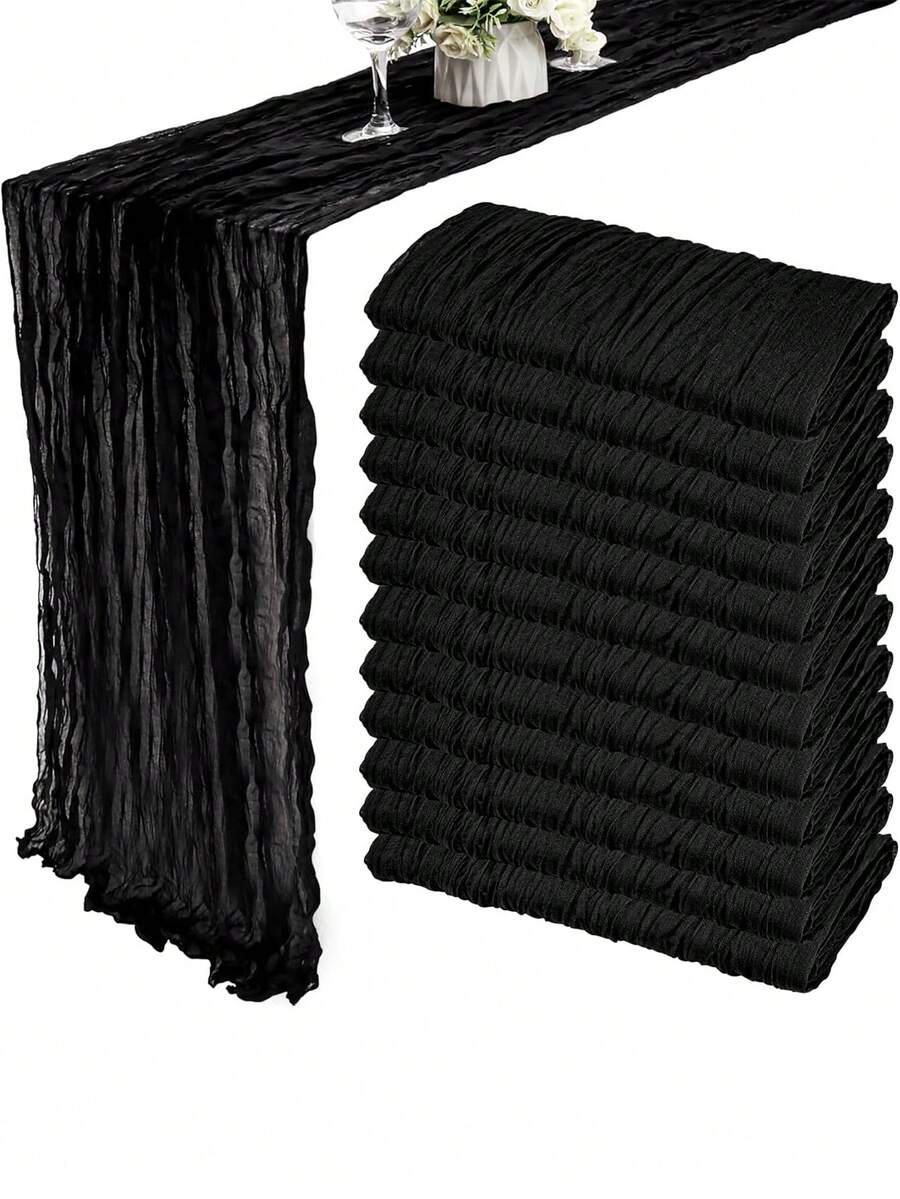 71/118 Inch Black Thick Cotton Table Runner, Boho Farmhouse Style Sheer Chiffon Summer Table Runner, Suitable For Wedding Party Birthday Home Decor Holiday Decoration - Black - View 1
