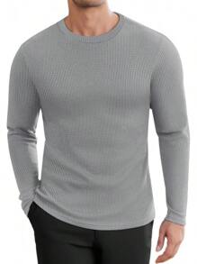 Men's Long Sleeve Shirts Honeycomb Waffle Pullover Sweater Crewneck Thermal Tops Lightweight Undershirts - Light Grey - View 1