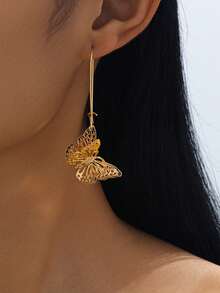 1 Pair Fashionable Hollow Double-Layer Butterfly Pendant Earrings For Women - Yellow Gold - View 1