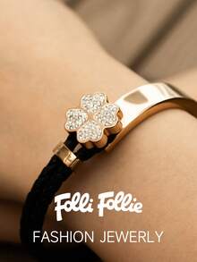 Folli Follie 女士编织手链四叶草钻石手镯玫瑰金色不锈钢手链女士手镯首饰配饰舞会婚礼约会礼物 - 玫瑰金 - 查看 2