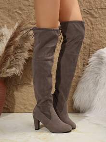 Fall/Winter New Thigh High Boots For Women, Elastic Over The Knee Boots, Chunky Heel Slim Fit Tall Boots, Fashion High Heel Shoes In Black, Grey, Red - Light Grey - View 5