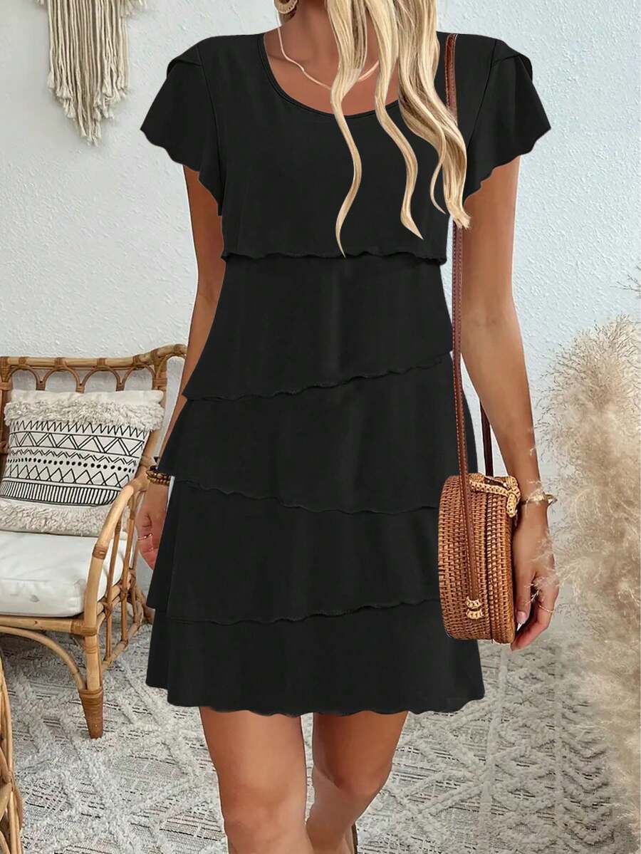 Vestido de capas suelto y favorecedor para mujer, de manga corta, largo midi, para primavera/verano - Negro - Ver 1