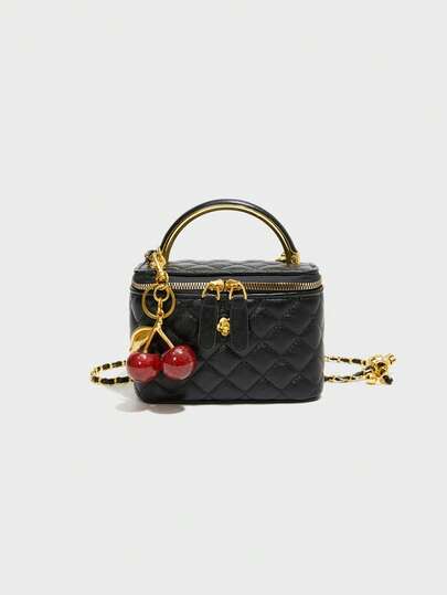New Classic Versatile Solid Color Square Box Bag, Quilted Square Bag, Handbag, Cherry Pendant Decor Design, Zipper Closure Shoulder Bag, Metal Buckle Decor Shoulder Bag, Suitable For Travel, Shopping, Party And Date.