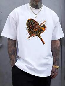 Men'S Casual Summer T-Shirt With Tennis Racket & Ball Graphic - Soft Round Neck, Lightweight & Stretchy, Perfect For Outdoor Sports Enthusiasts, Sports Casual Wear |   Graphic Tee |   Comfortable Fit, Tennis Accessories - 白色 - 查看 2