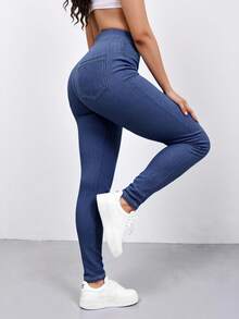 Pantalones casuales para mujer de talla grande con cintura elástica, efecto jegging, con bolsillos delanteros y traseros, de tela de punto cómoda y de moda para uso en el hogar