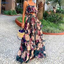Women's Summer 2 Piece Outfits Floral Print Strap Crop Tops Tiered Ruffle Skirt Sets Maxi Long Dress - 圖片色 - 查看 1