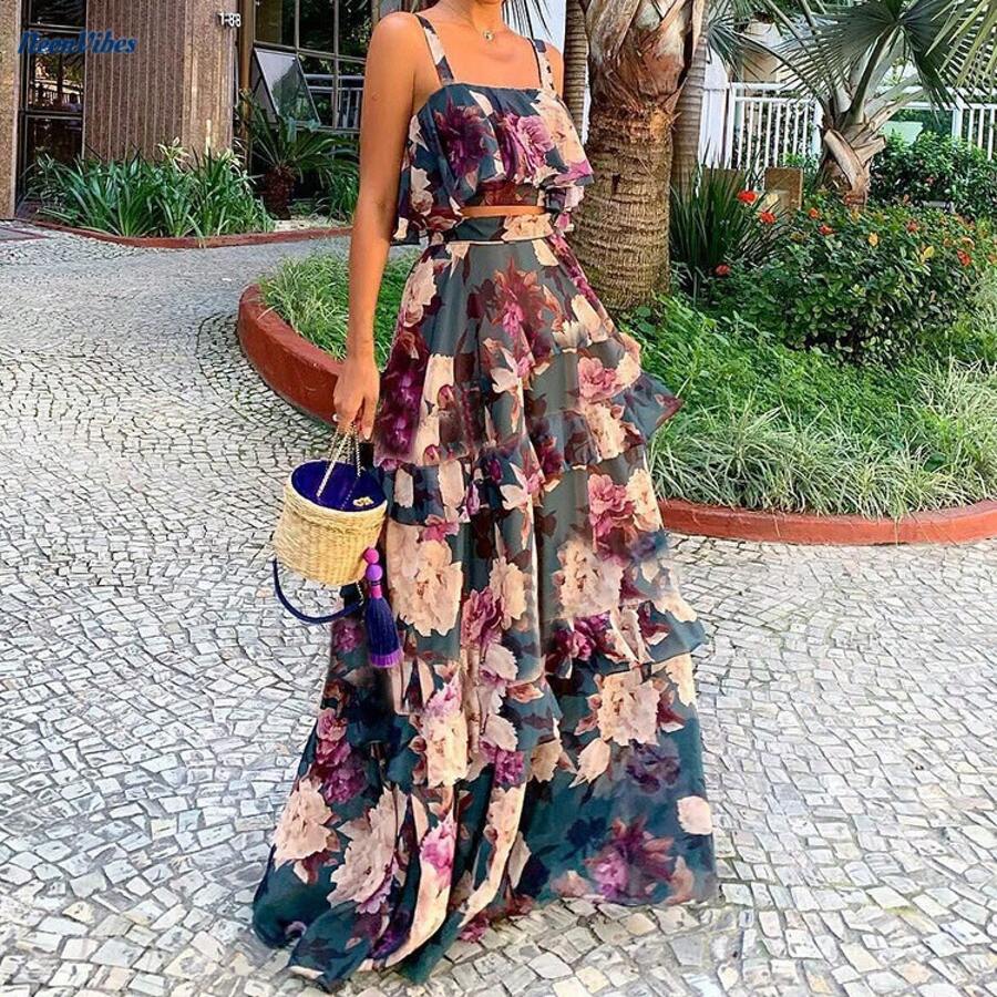 Women's Summer 2 Piece Outfits Floral Print Strap Crop Tops Tiered Ruffle Skirt Sets Maxi Long Dress - 圖片色 - 查看 1