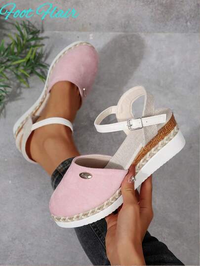 Foot Flair Women Plus Size Color-Block Strap Backless Flat Rope-Sole Sandals, Beach Resort Style, Summer New Lightweight Thick-Sole Roman Sandals