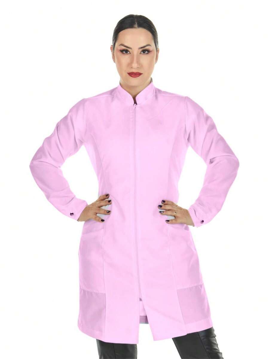 Women's Oxford Fitted Lab Coat With Zipper And Long Sleeves And Priest Collar - Rosa - 查看 1