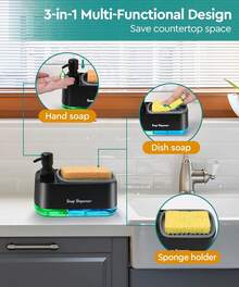 Hand And Dish Soap Dispenser Set For Kitchen, Dual Soap Dispenser With Sponge Holder, 3-In-1 Countertop Soap Pump Dispenser For Kitchen Sink, Useful Kitchen Gadgets - Black - View 2