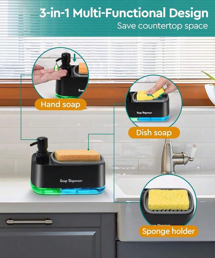 Hand And Dish Soap Dispenser Set For Kitchen, Dual Soap Dispenser With Sponge Holder, 3-In-1 Countertop Soap Pump Dispenser For Kitchen Sink, Useful Kitchen Gadgets - 黑色 - 查看 2