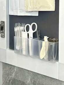 2pcs Minimalist Transparent Plastic Storage Boxes - Wall Mounted 3-Compartment Organizer - Suitable For Makeup Brushes, Pencils, Lipsticks - For Bedroom And Office Use - No Drilling Required