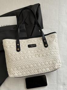 1 件黑色尼龙面料顺滑拉链铆钉镂空图案设计时尚百搭休闲夏季新款小众大容量单肩托特包，适合女性日常使用 - 黑色 - 查看 10