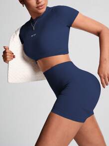TCVC 女式无缝针织弹力圆领短袖上衣和高腰收腹骑行短裤紧身运动服套装，运动瑜伽服 - 藏蓝色 - 查看 4