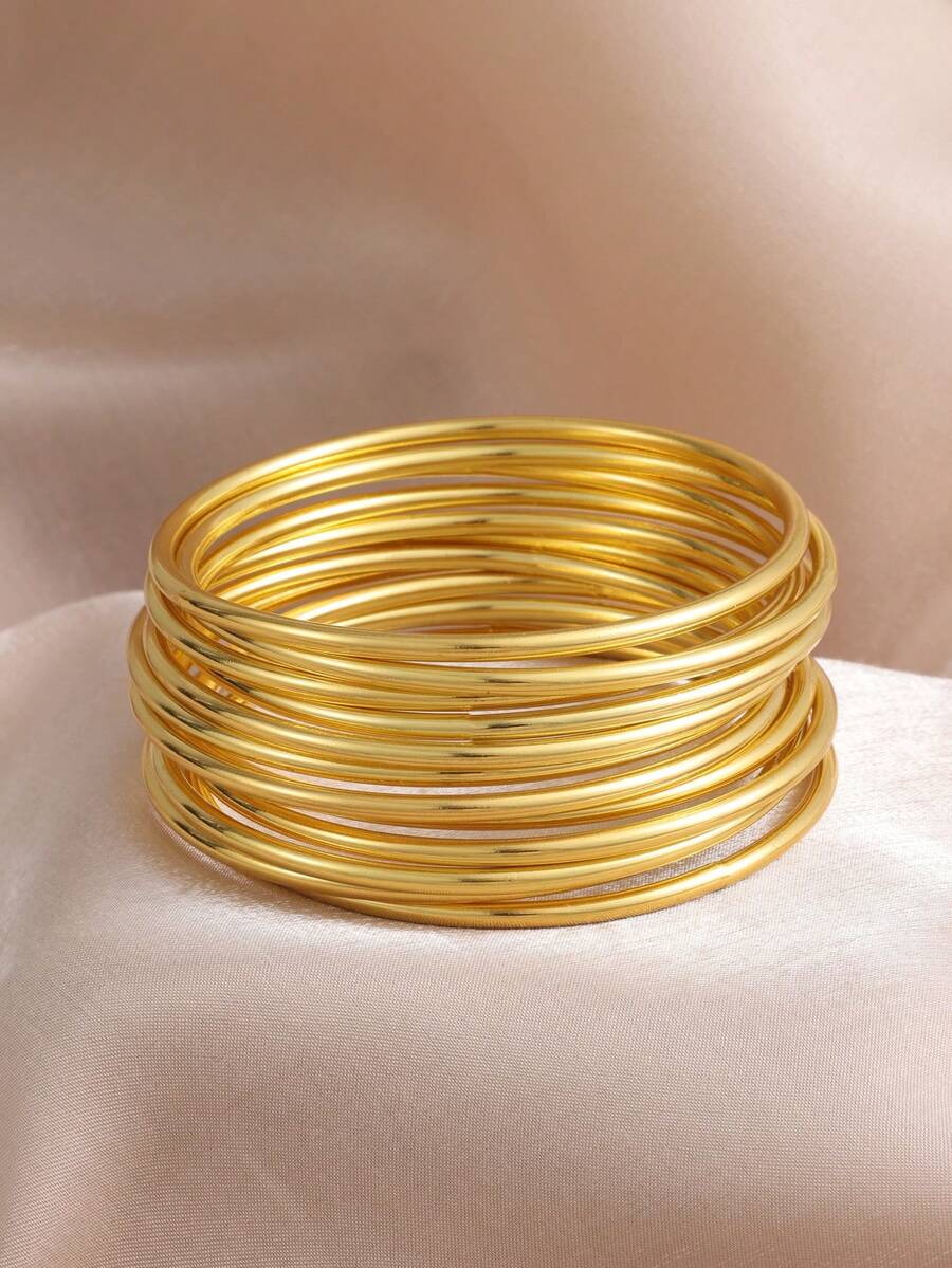 Bộ 6 vòng tay kim loại mạ vàng 18K, kiểu dáng cổ điển tối giản, chất liệu sắt, thích hợp đeo hàng ngày. - Vàng - Xem 1