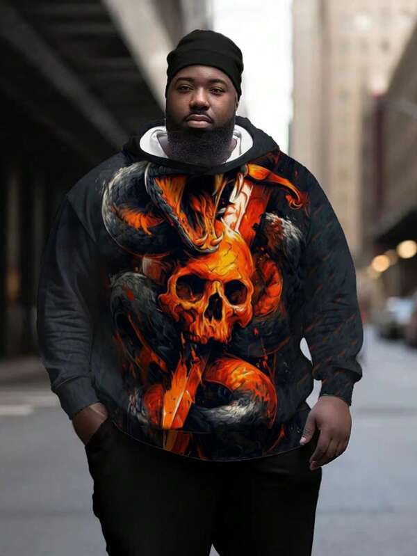 Sudadera con capucha de manga larga para hombre de talla grande con estampado 3D de calavera y serpiente, sudadera con capucha casual de moda, sudadera con capucha versátil para ocio al aire libre y ejercicio