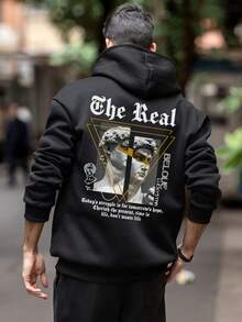 男士宽松连帽衫，黑色基础款休闲卫衣，饰有大卫和几何图案，秋冬款，长袖上衣 - 黑色 - 查看 2