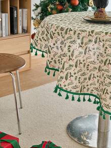 1pc Christmas Round Printed Tablecloth, Gold Foil Green Pine Branch Pattern, Fringed Kitchen Dining Table Decor Cloth For Christmas Holiday Family Gathering Party, Home Decoration - Multicolor - View 7