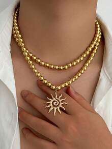 2pcs/Set Sunflower Pendant Beaded Double-Layer Necklace Set, Fashionable & Versatile For Men - Sunflower - View 9