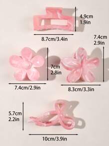 4 件 ABS 材质春夏波西米亚甜美粉色大理石图案蝴蝶结雏菊花方形发夹沙滩配饰发饰时尚爪夹女士发夹休闲发夹秋季配饰秋季时尚发夹冬季度假装女士