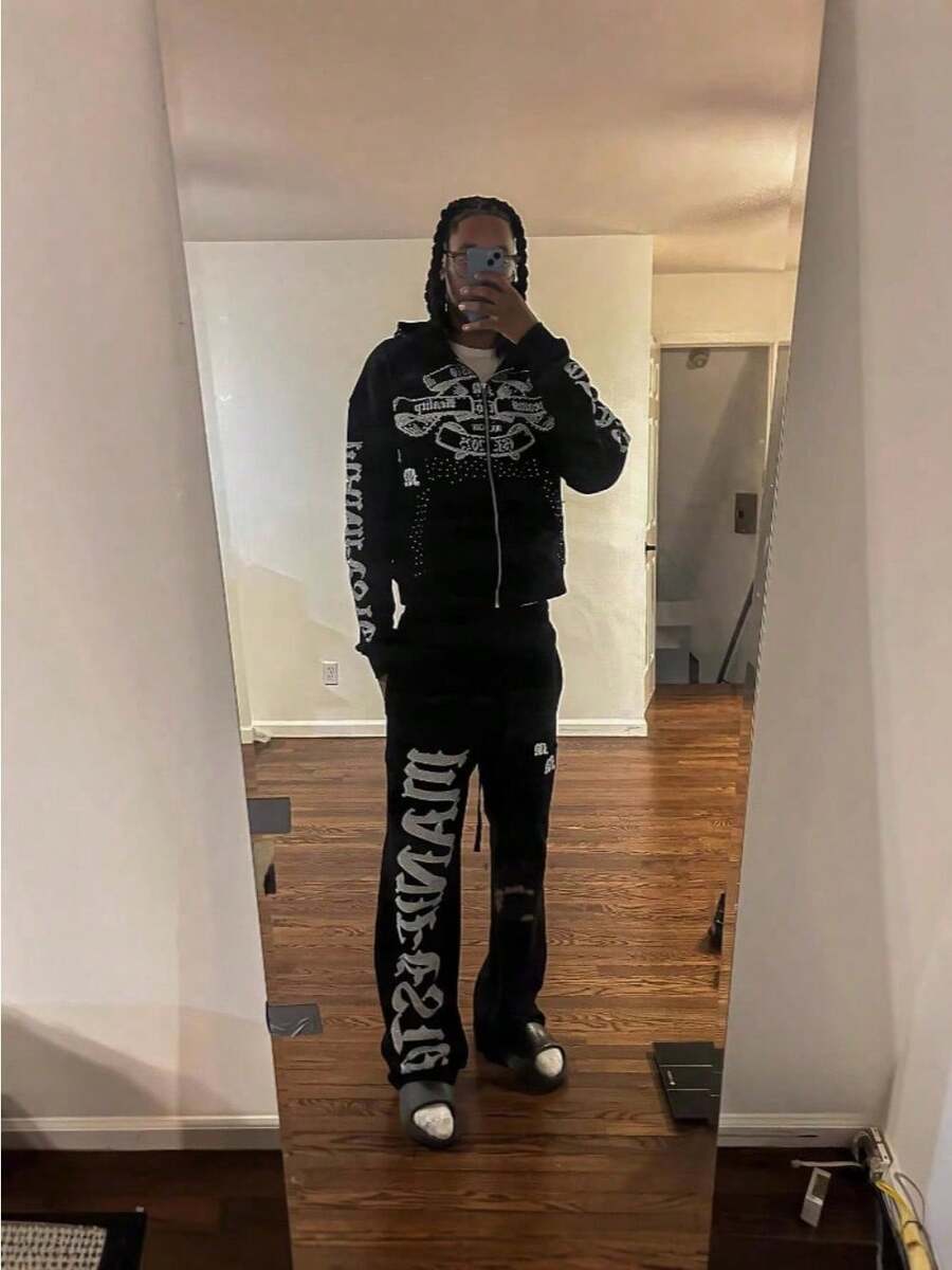2025 Printed Men's And Women's Loose Straight Sports Cardigan Sweatshirt Sweatpants A Complete Set - Black - View 1