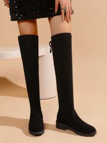 1 Pair Chunky Heel Round Toe Versatile Thigh High Boots, Black Tall Boots, Flat Boots For Teenage Girls - Black - View 5