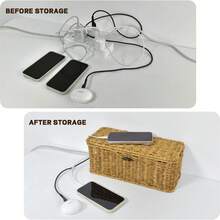 Handmade Cable Management Box - Elegant And Practical Cable Organizer With 2 Open Compartments For Home And Office, TV Cables, Computer Routers, USB Hubs, And Power Supplies. Rattan Cable Hiding Box (Wood) - Yellow - View 7