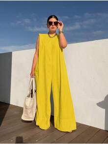 Summer Women's Casual Coveralls Solid Color Round Neck Sleeveless Loose Wide Leg Jumpsuit Streetwear Playsuit - 黃色 - 查看 1