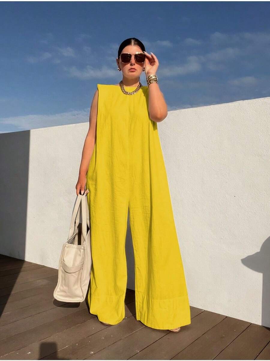 Summer Women's Casual Coveralls Solid Color Round Neck Sleeveless Loose Wide Leg Jumpsuit Streetwear Playsuit - 黃色 - 查看 1