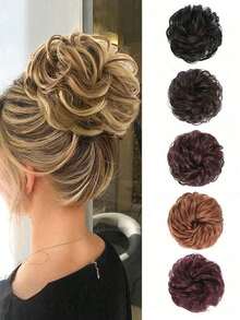 Élégant chouchou pour queue de cheval avec chignon décoiffé, chignon, accessoire de cheveux pour usage quotidien, fête, cosplay. Chouchou en cheveux synthétiques bouclés avec élastique - décoration de chignon en forme de donut, créer un look décoiffé à la mode, cadeau idéal, chouchou pour queue de cheval, chouchou, élastiques à cheveux, tenue d'automne - Multicolore - Voir 1