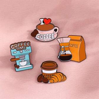 Coffee Machine, Coffee Bean, Croissant Brooch - Cute Versatile Food & Beverage Coffee Bean Small Gift Lapel Pin, Bag Charm Accessory