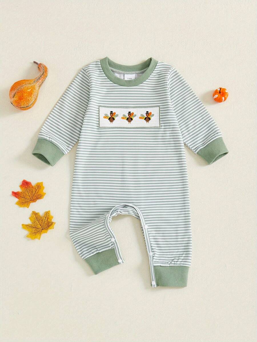 Baby Boy Thanksgiving Stripe Romper Casual Turkey Embroidery Long Sleeve Jumpsuit For Infant Toddler Cute Outfit - Green - View 1
