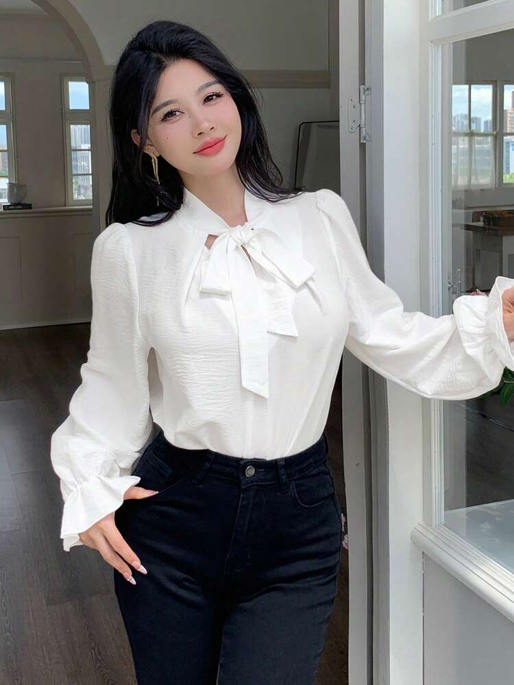 abyoxi 女士白色V领蝴蝶结领长袖休闲办公衬衫，秋冬款 - 白色 - 查看 6