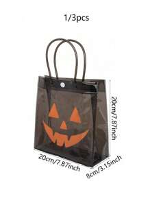 1/3 件万圣节派对礼品袋 - 透明 PVC 礼品袋，黑色手柄，万圣节派对专用鬼脸南瓜设计，易于清洁的派对装饰，万圣节配饰，橙色南瓜设计，结实的提手袋 - 彩色 - 查看 3