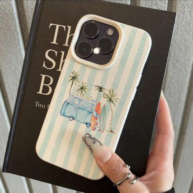 1pc TPU Material Summer Coconut Tree & Surfboard Striped Pattern Phone Case Compatible With Applnmi Phones - White - View 3