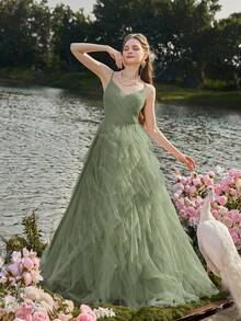 Faeriesty Elegant Women's Evening Gown With Delicate Thin Straps, Sheer Tulle Fabric, And Tiered Ruffle A-Line Skirt | Sophisticated Formal Dress For Wedding Receptions, Masquerade Balls, Mystical Garden Parties, Formal Dinners, Black-Tie Events, Graduation Dress & Birthday Women Outfits,Spring Dresses Summer Outfits - Green - View 5