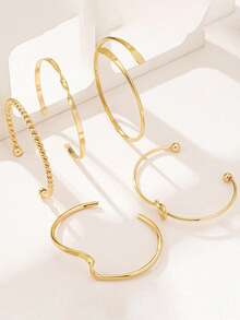 Set de 5 piezas de brazaletes metálicos minimalistas y geométricos asimétricos para mujeres, que incluyen elementos de onda y nudo, adecuados para uso diario, fiesta, cumpleaños, joyería punk callejera, regalo elegante