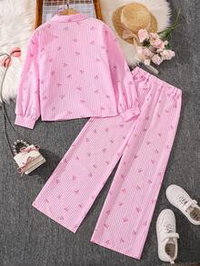 女童休闲简约蝴蝶结印花长袖条纹衬衫和直筒裤套装，春秋 - 粉色 - 查看 2