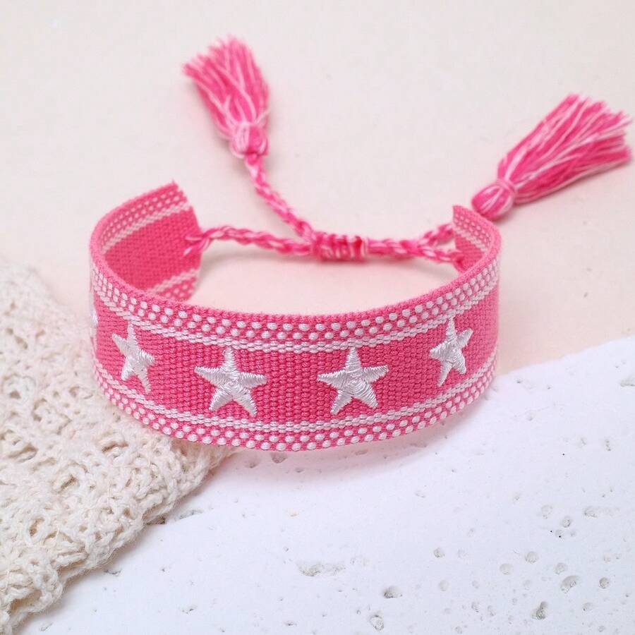 1 pieza Brazalete trenzado con decoración de estrella hecho a mano, diseño de bordado creativo, adecuado para fiestas, playa, viajes, regalo para amigos, familia, compañeros de clase - Rosa - Ver 1