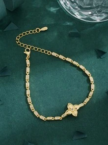 1 件高品质欧美方晶锆石镀铜 18K 四叶草和星空手链，女士礼物，日常佩戴 - 金黃色 - 查看 3