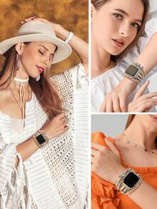 1件裝奢華玫瑰金人造皮革錶帶，相容 41mm、40mm、38mm、45mm、44mm、42mm、49mm，女款波希米亞風多層纏繞手鍊錶帶，適用於 Series Ultra 10、9、8、7、6、5、4、3、2、1、SE - 玫瑰金 - 查看 4