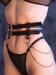 Waist Chain Belt Gothic Fashion Silver Chain Leather Belt Women Punk Leather Waist Chain Harness Belt