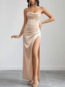 女士优雅香槟色缎面吊带褶皱露背开衩连衣裙，适合宴会、派对、婚礼、伴娘等场合，春季穿着 - 香檳色 - 查看 6