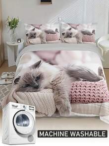 2/3pcs Cat Pattern Digital Printing Polyester Duvet Cover Set, Cute Modern Bedding Set Suitable For All Seasons, Soft & Breathable, Machine Washable, Zipper Closure (1 Duvet Cover + 1/2 Pillowcase, Excluding Filler) - Multicolor - View 7